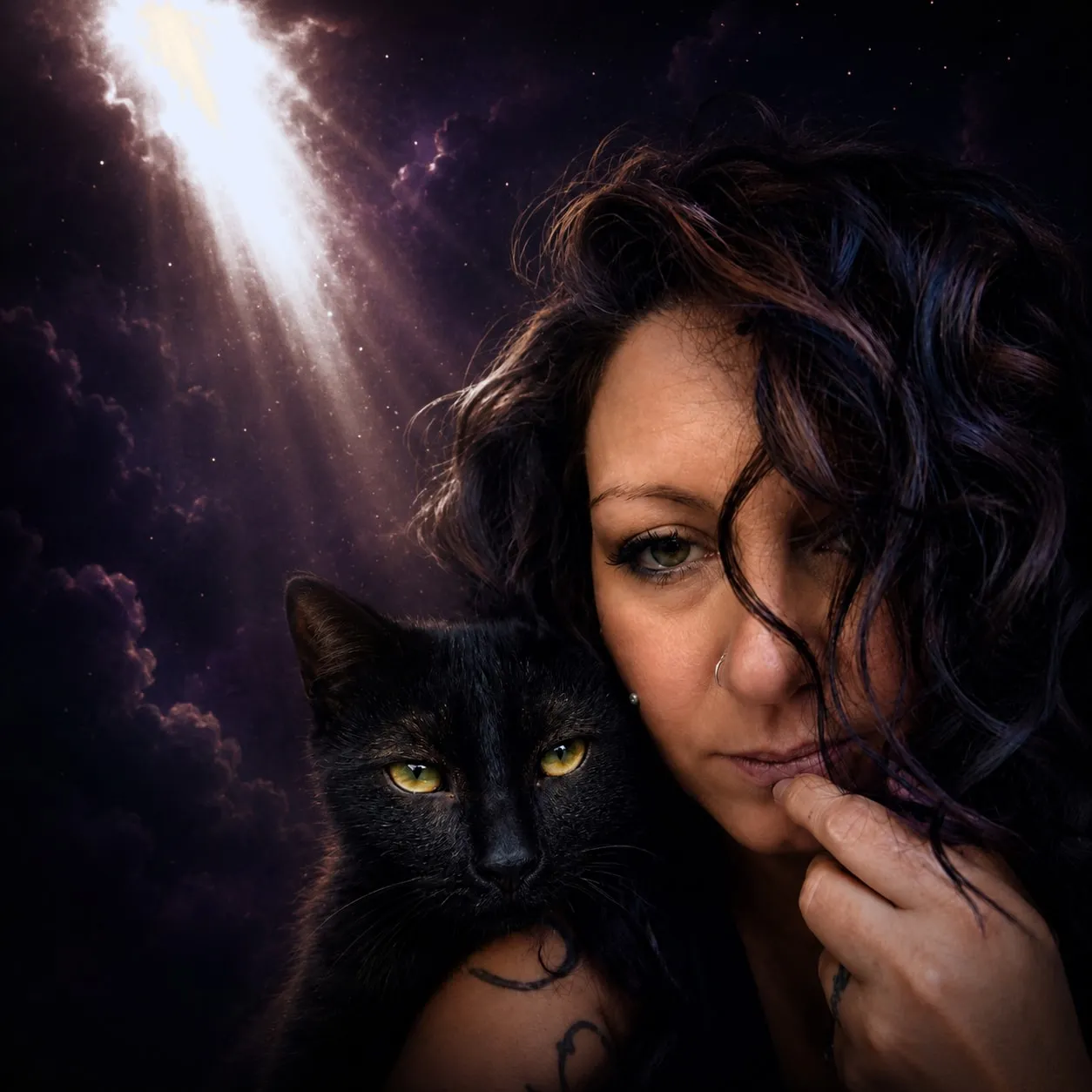 Kristin, founder of Kristin Connections, with her black cat, set against a starry nebula with a beam of golden light
